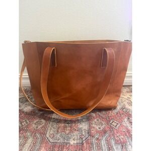 Noonday Collection Tan Brown Leather Tote Crossbody Bag Large Zipper Top Brass